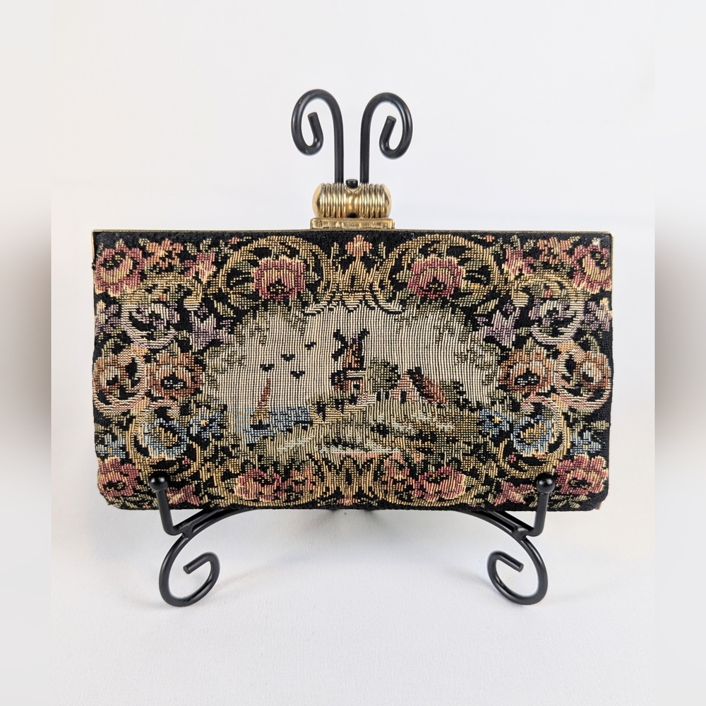 Vintage Armando del Storti Needlepoint Tapestry Clutch Italian Windmill Brass - Picture 3 of 9